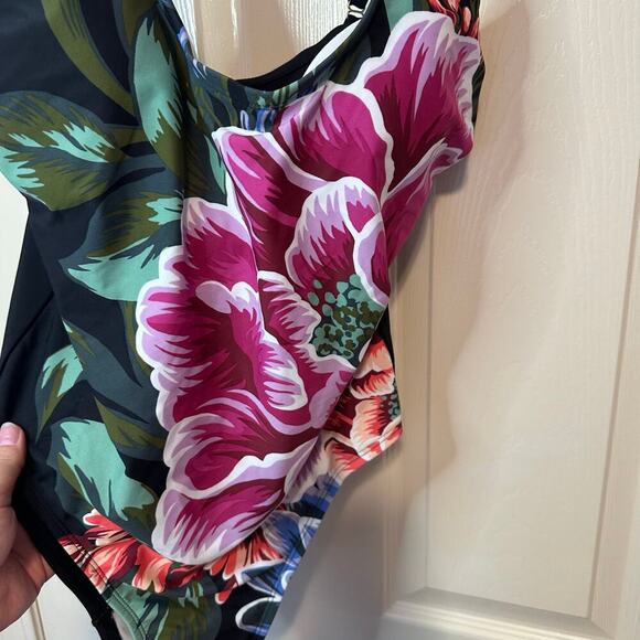 Kona Sol Black Floral Print One Piece Swimsuit Size L Summer Beach Pool NWT - Picture 4 of 9